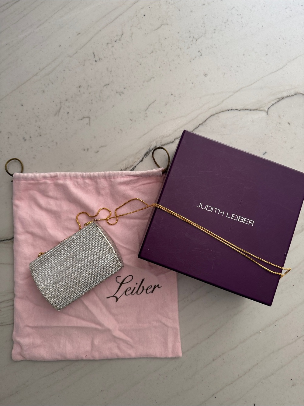 Vintage Era Judith Leiber Silver Crystal Minaudière with Gold Chain Strap